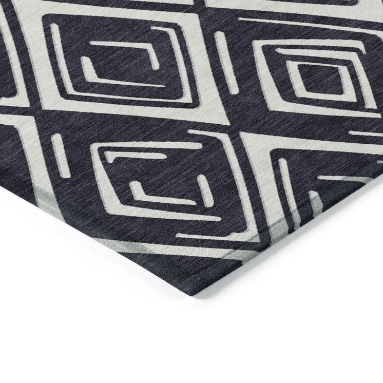 8' X 10' Black And Ivory Geometric Washable Indoor Outdoor Area Rug
