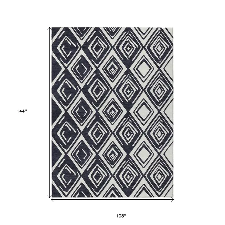 9' X 12' Black And Ivory Geometric Washable Indoor Outdoor Area Rug