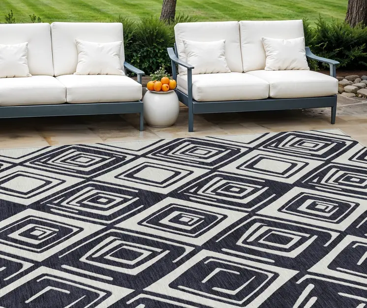 10' X 14' Black And Ivory Geometric Washable Indoor Outdoor Area Rug