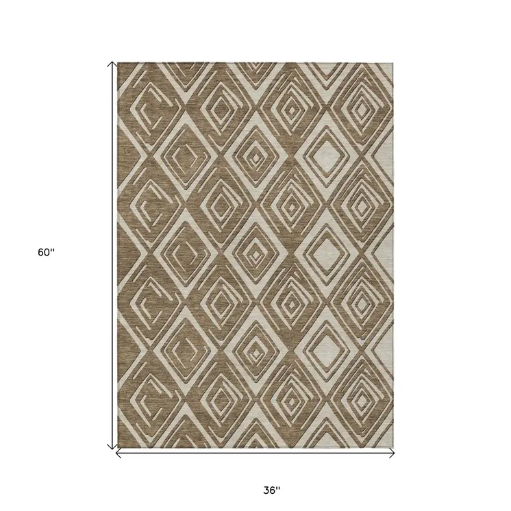 3' X 5' Brown And Beige Geometric Washable Indoor Outdoor Area Rug
