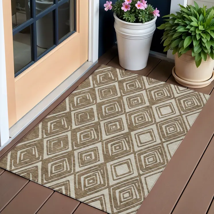 3' X 5' Brown And Beige Geometric Washable Indoor Outdoor Area Rug