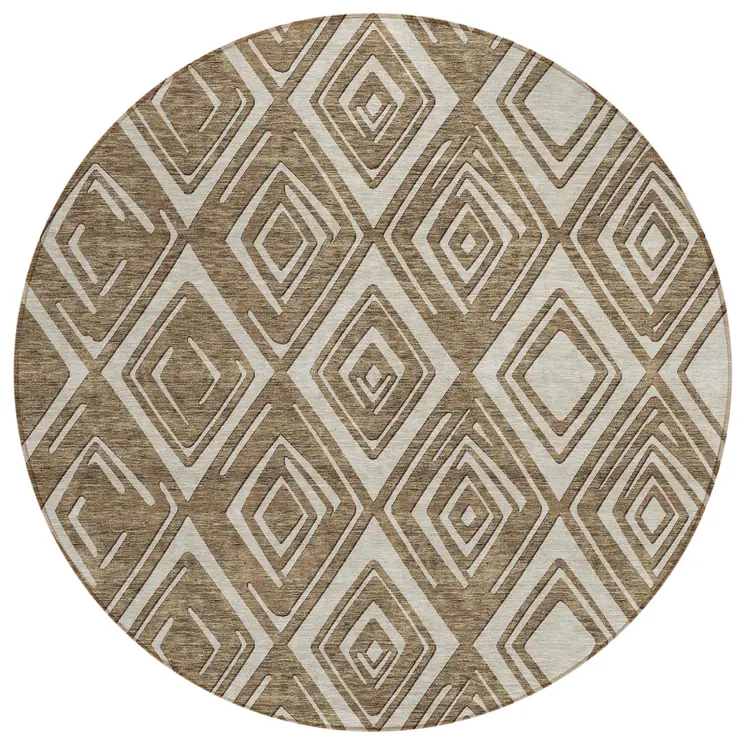 8' Brown And Beige Round Geometric Washable Indoor Outdoor Area Rug
