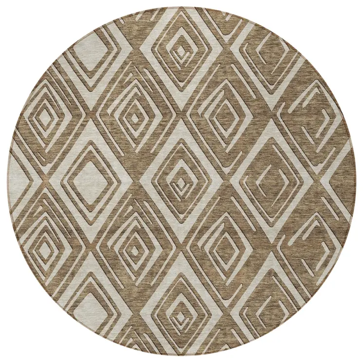 8' Brown And Beige Round Geometric Washable Indoor Outdoor Area Rug