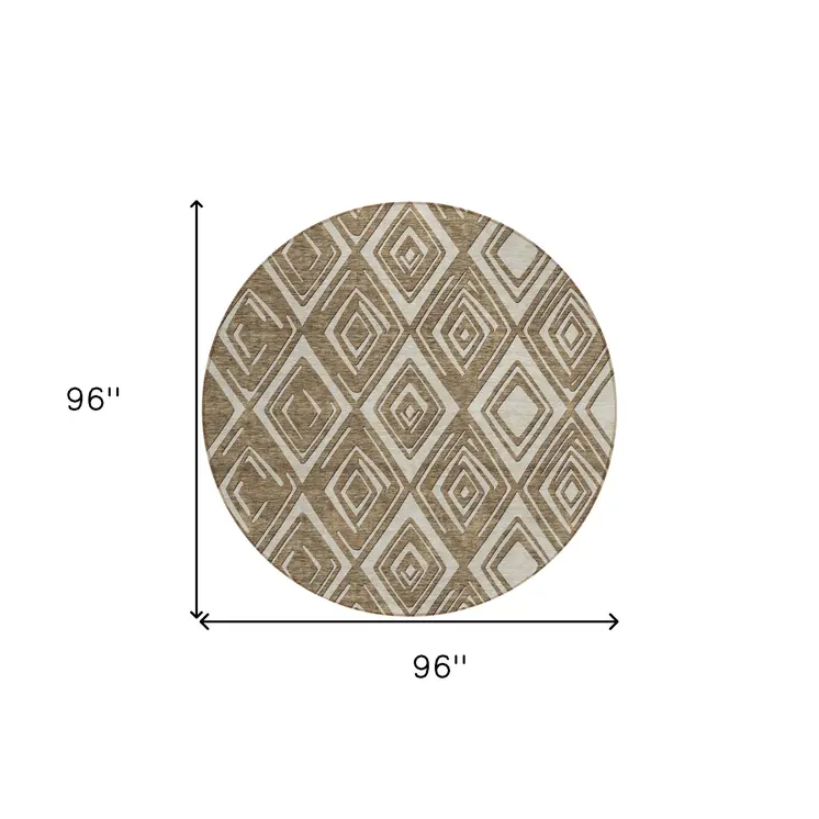 8' Brown And Beige Round Geometric Washable Indoor Outdoor Area Rug