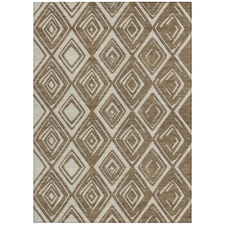 9' X 12' Brown And Beige Geometric Washable Indoor Outdoor Area Rug