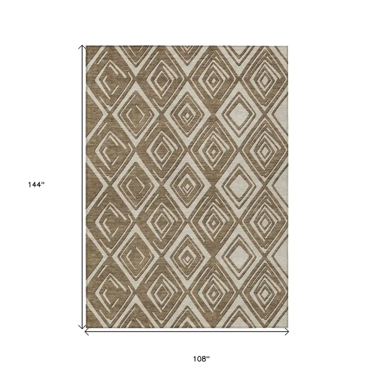 9' X 12' Brown And Beige Geometric Washable Indoor Outdoor Area Rug