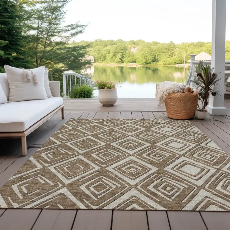 10' X 14' Brown And Beige Geometric Washable Indoor Outdoor Area Rug