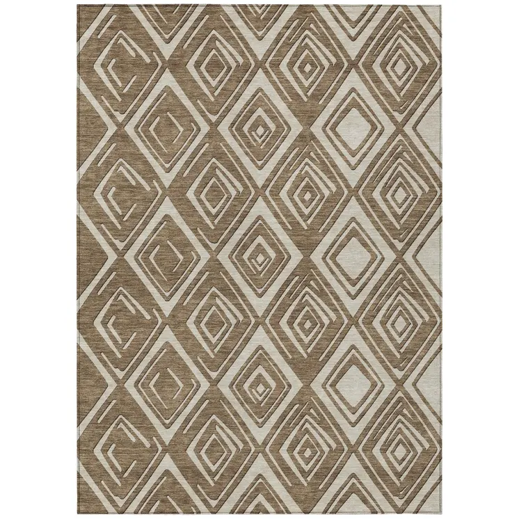 10' X 14' Brown And Beige Geometric Washable Indoor Outdoor Area Rug