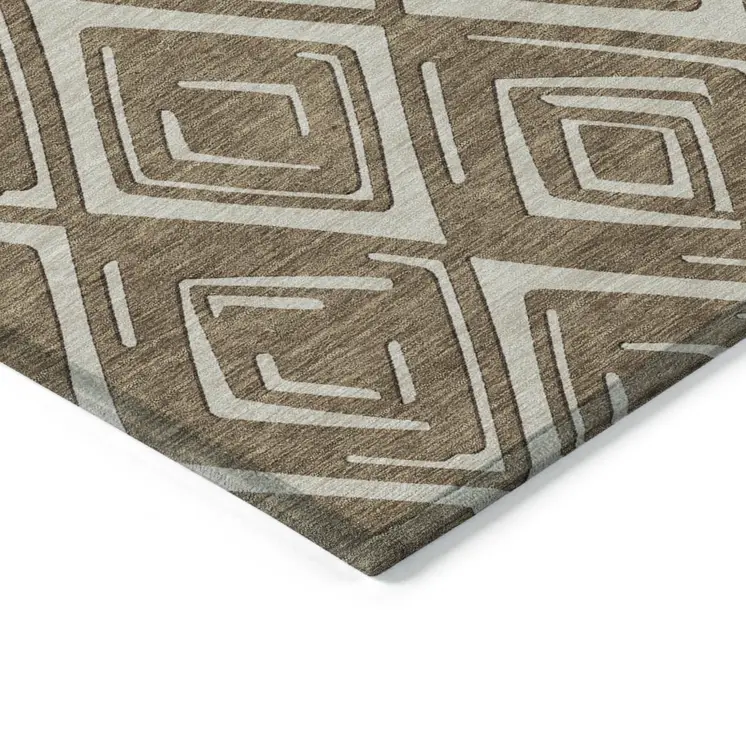 10' X 14' Brown And Beige Geometric Washable Indoor Outdoor Area Rug