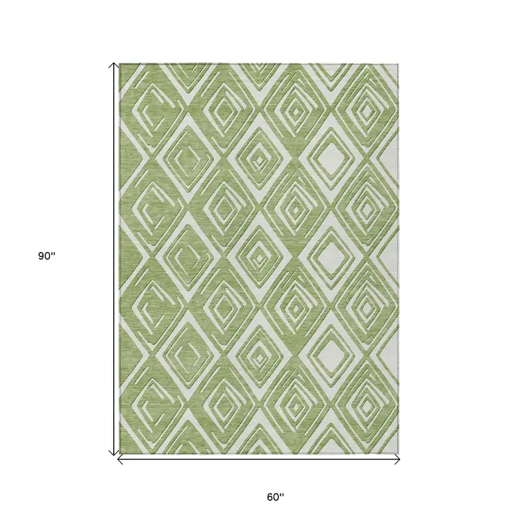 5' X 8' Green And Ivory Geometric Washable Indoor Outdoor Area Rug