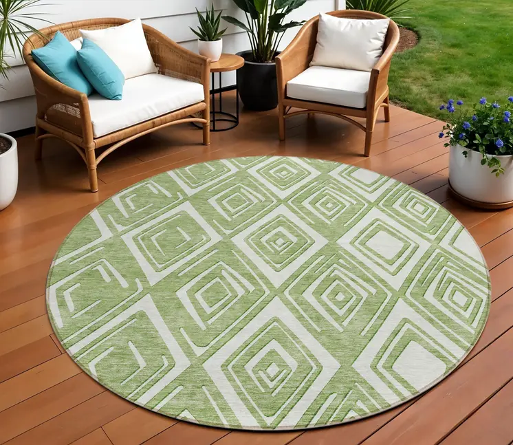 8' Green And Ivory Round Geometric Washable Indoor Outdoor Area Rug
