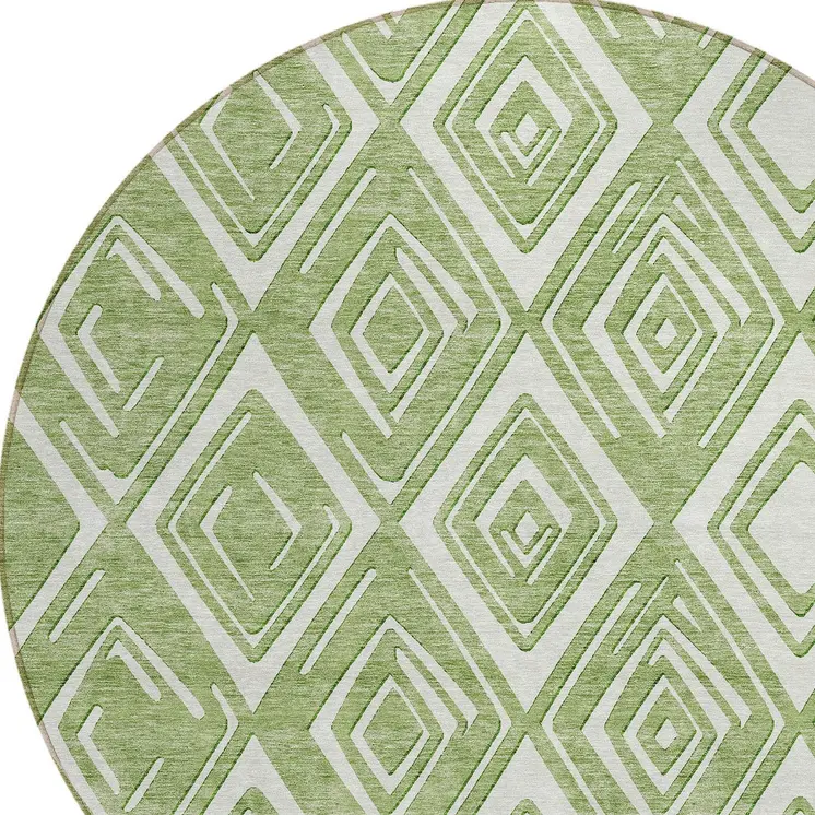 8' Green And Ivory Round Geometric Washable Indoor Outdoor Area Rug