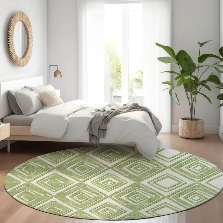 8' Green And Ivory Round Geometric Washable Indoor Outdoor Area Rug
