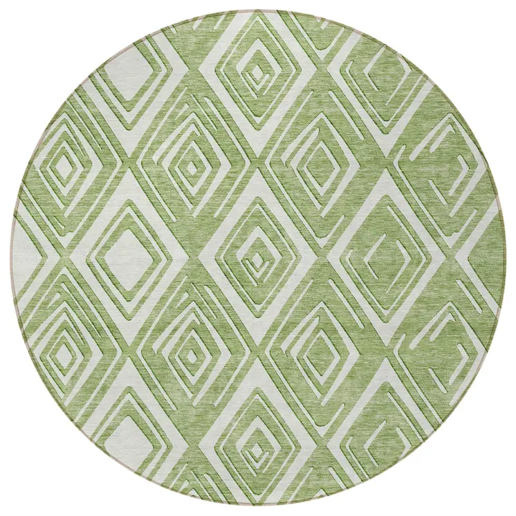 8' Green And Ivory Round Geometric Washable Indoor Outdoor Area Rug