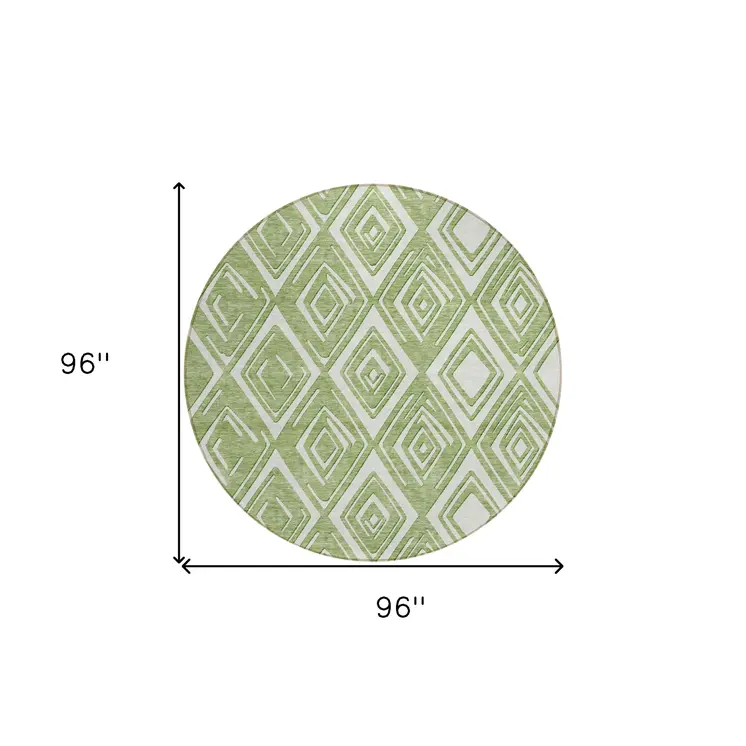 8' Green And Ivory Round Geometric Washable Indoor Outdoor Area Rug