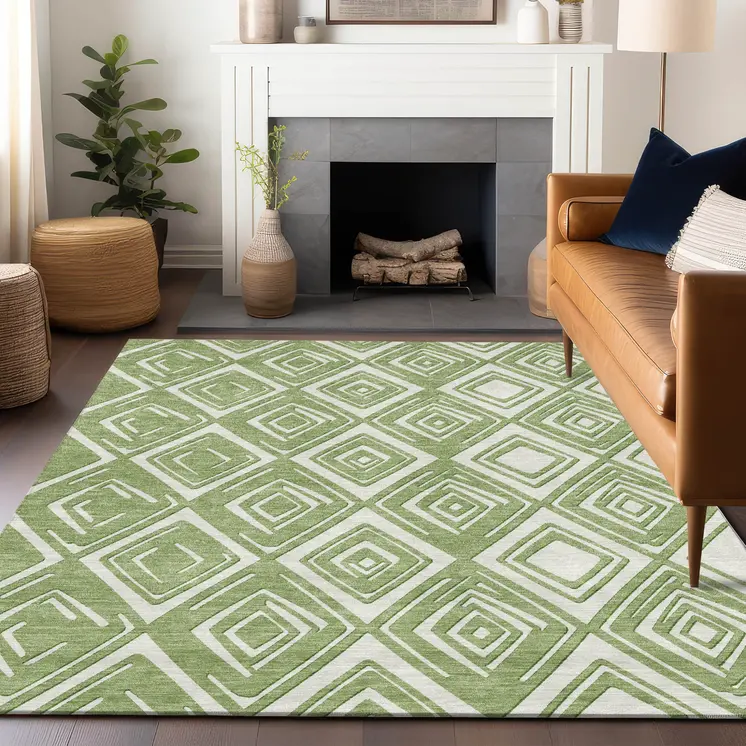 10' X 14' Green And Ivory Geometric Washable Indoor Outdoor Area Rug