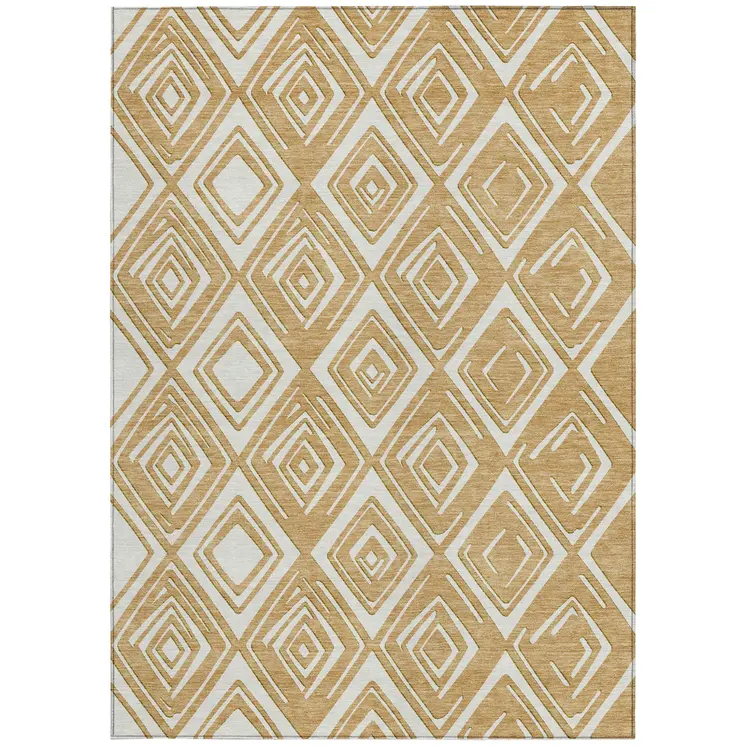 3' X 5' Gold And Ivory Geometric Washable Indoor Outdoor Area Rug
