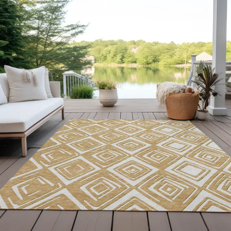 5' X 8' Gold And Ivory Geometric Washable Indoor Outdoor Area Rug