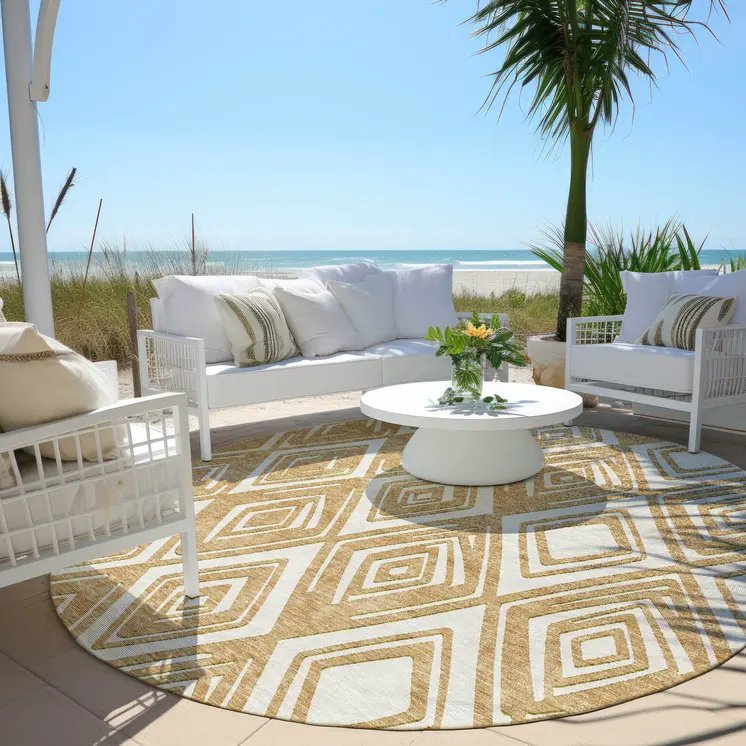 8' Gold And Ivory Round Geometric Washable Indoor Outdoor Area Rug