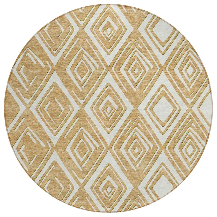 8' Gold And Ivory Round Geometric Washable Indoor Outdoor Area Rug