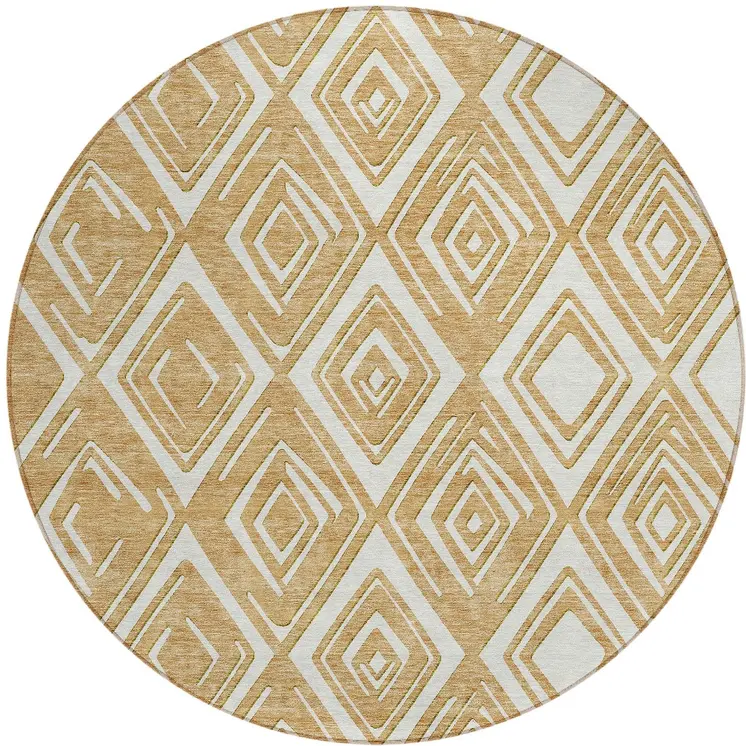 8' Gold And Ivory Round Geometric Washable Indoor Outdoor Area Rug