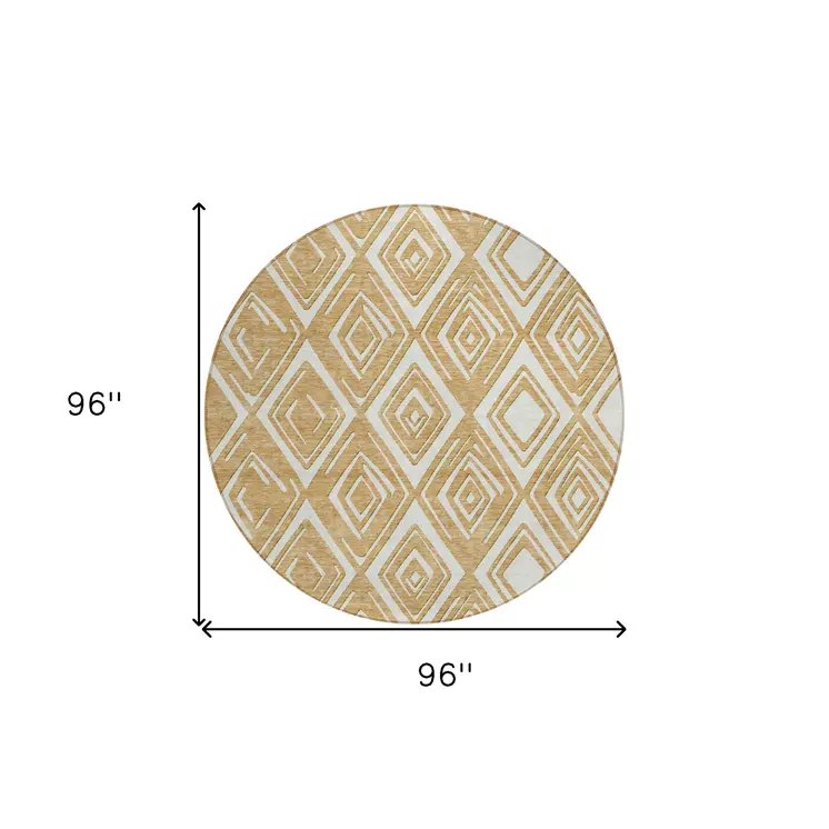 8' Gold And Ivory Round Geometric Washable Indoor Outdoor Area Rug