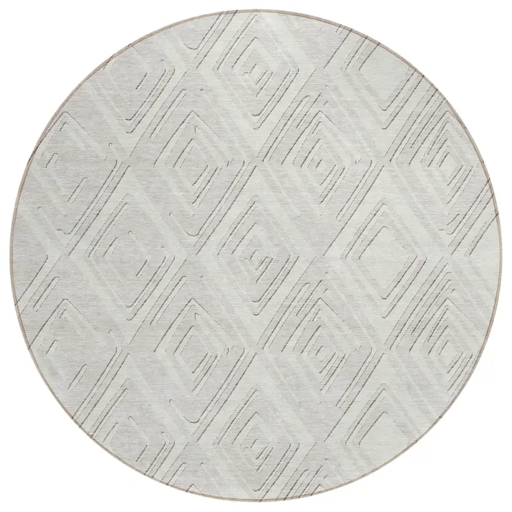 8' Ivory And Beige Round Geometric Washable Indoor Outdoor Area Rug