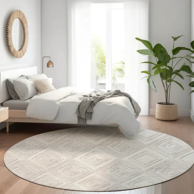 8' Ivory And Beige Round Geometric Washable Indoor Outdoor Area Rug