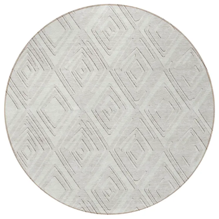 8' Ivory And Beige Round Geometric Washable Indoor Outdoor Area Rug