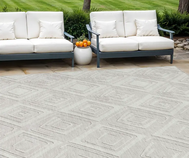 9' X 12' Ivory And Beige Geometric Washable Indoor Outdoor Area Rug