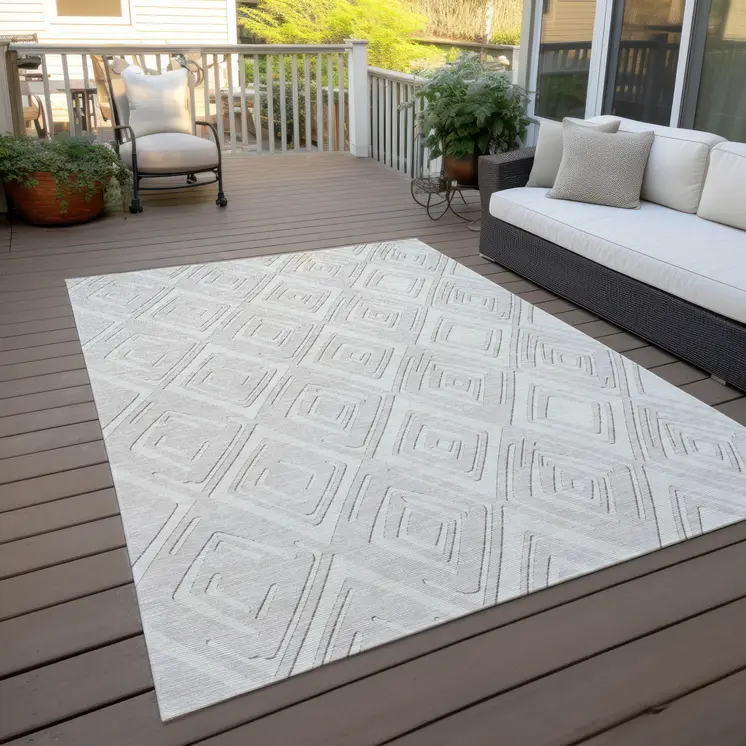 9' X 12' Ivory And Beige Geometric Washable Indoor Outdoor Area Rug