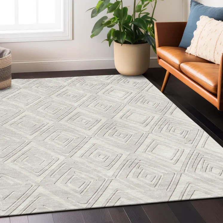 10' X 14' Ivory And Beige Geometric Washable Indoor Outdoor Area Rug