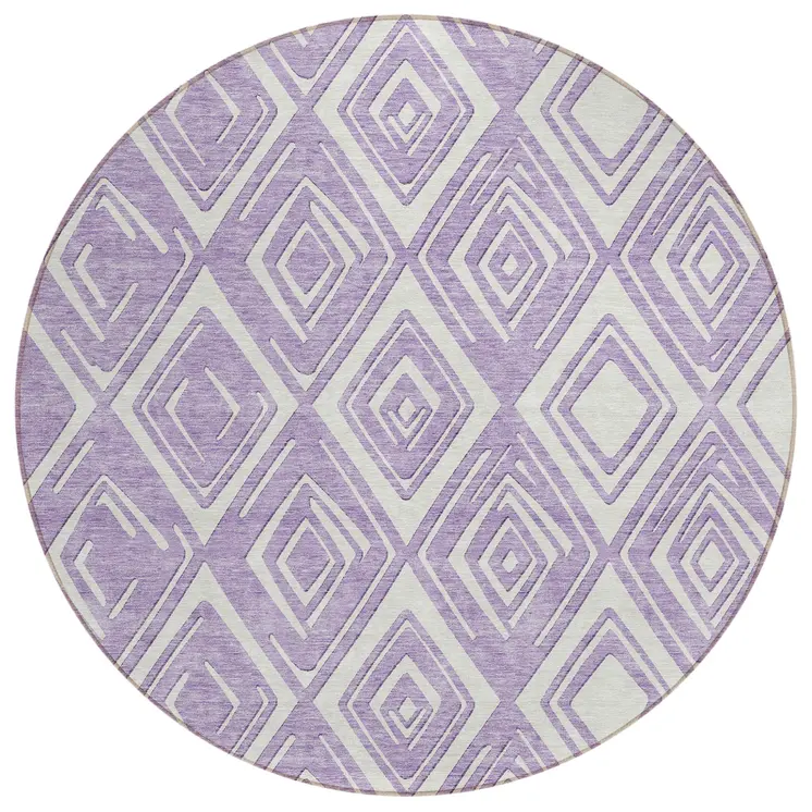 8' Lavender And Ivory Round Geometric Washable Indoor Outdoor Area Rug