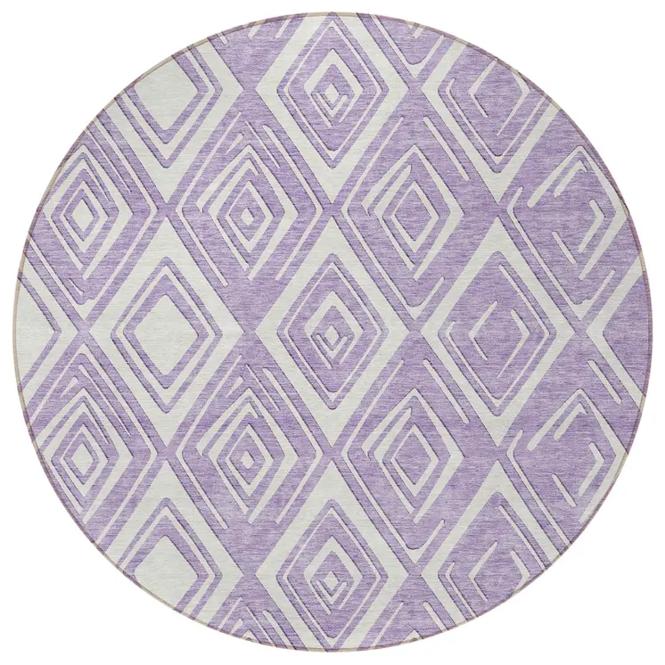 8' Lavender And Ivory Round Geometric Washable Indoor Outdoor Area Rug