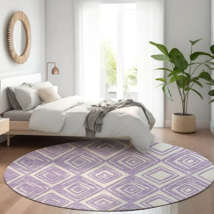 8' Lavender And Ivory Round Geometric Washable Indoor Outdoor Area Rug