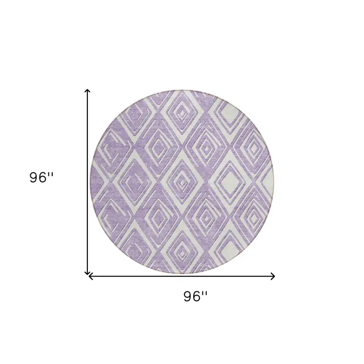 8' Lavender And Ivory Round Geometric Washable Indoor Outdoor Area Rug