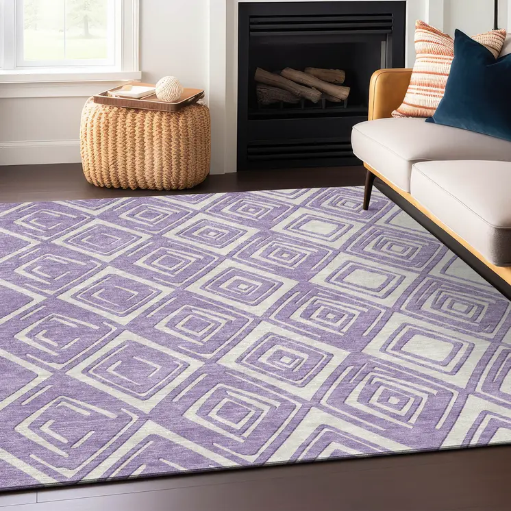 8' X 10' Lavender And Ivory Geometric Washable Indoor Outdoor Area Rug