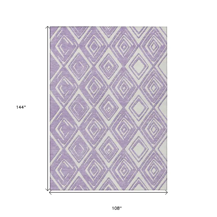 9' X 12' Lavender And Ivory Geometric Washable Indoor Outdoor Area Rug