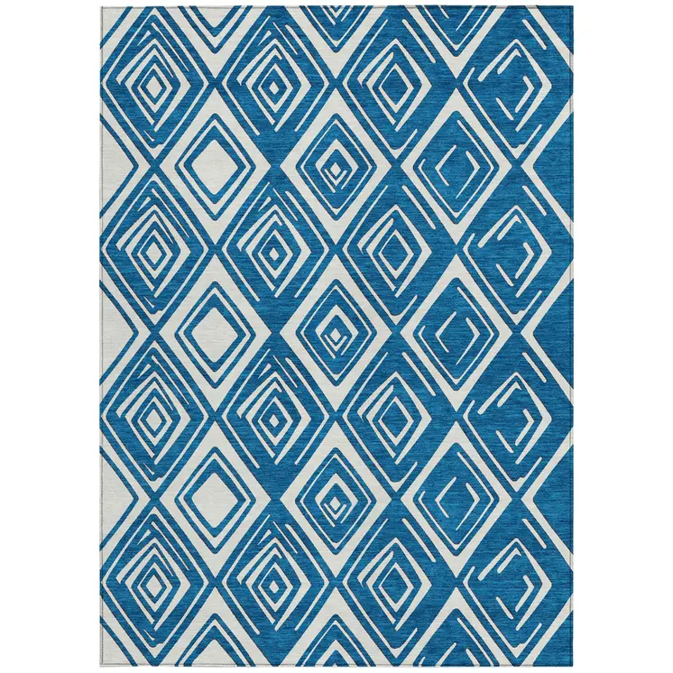 3' X 5' Navy Blue And Ivory Geometric Washable Indoor Outdoor Area Rug
