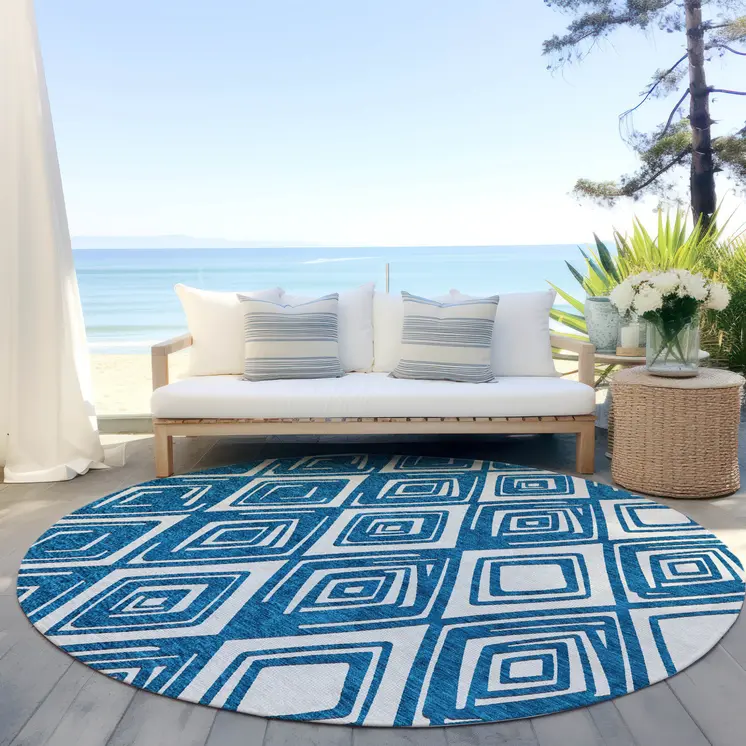 8' Navy Blue And Ivory Round Geometric Washable Indoor Outdoor Area Rug