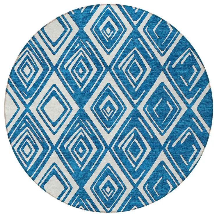 8' Navy Blue And Ivory Round Geometric Washable Indoor Outdoor Area Rug