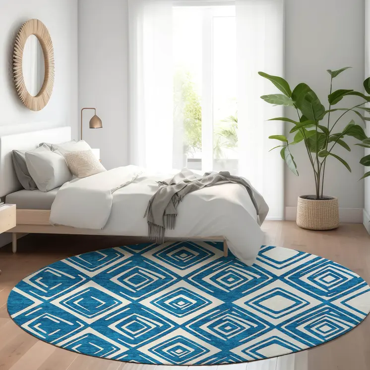 8' Navy Blue And Ivory Round Geometric Washable Indoor Outdoor Area Rug