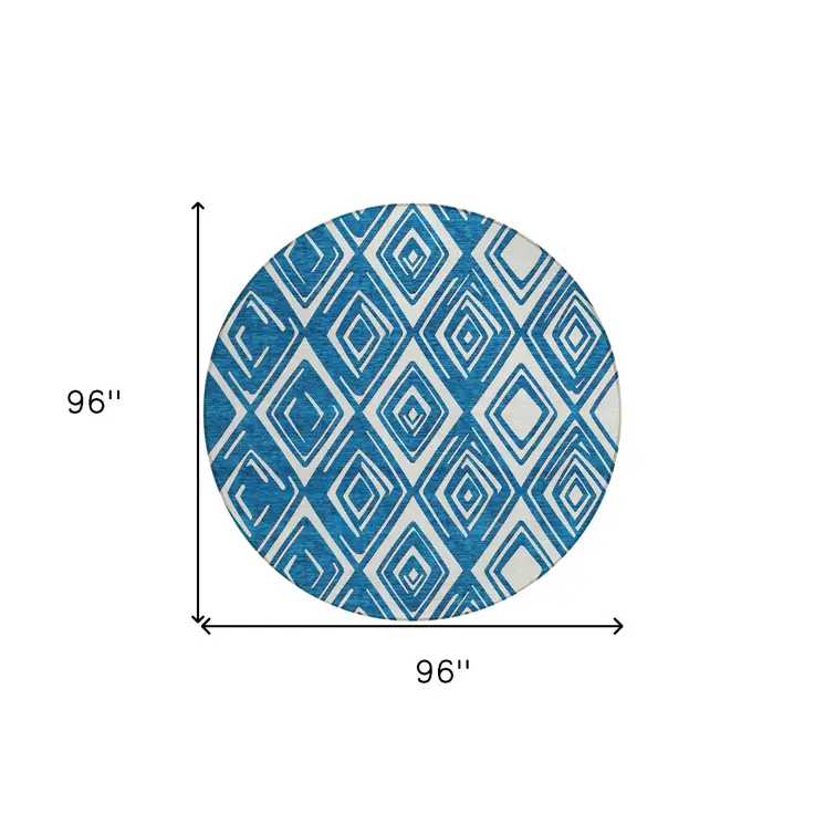 8' Navy Blue And Ivory Round Geometric Washable Indoor Outdoor Area Rug