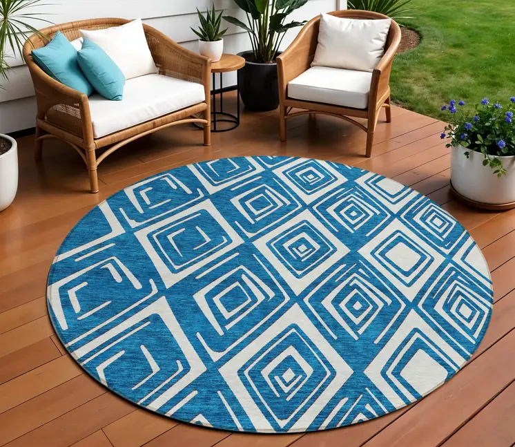 8' Navy Blue And Ivory Round Geometric Washable Indoor Outdoor Area Rug