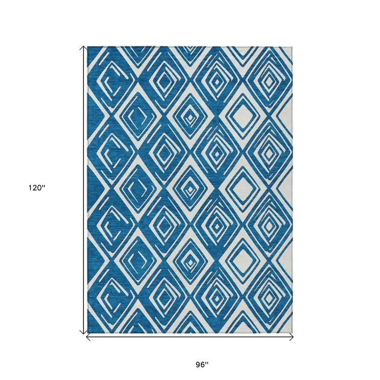 8' X 10' Navy Blue And Ivory Geometric Washable Indoor Outdoor Area Rug