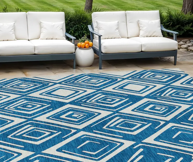 8' X 10' Navy Blue And Ivory Geometric Washable Indoor Outdoor Area Rug