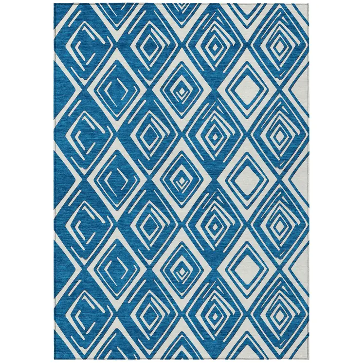 8' X 10' Navy Blue And Ivory Geometric Washable Indoor Outdoor Area Rug