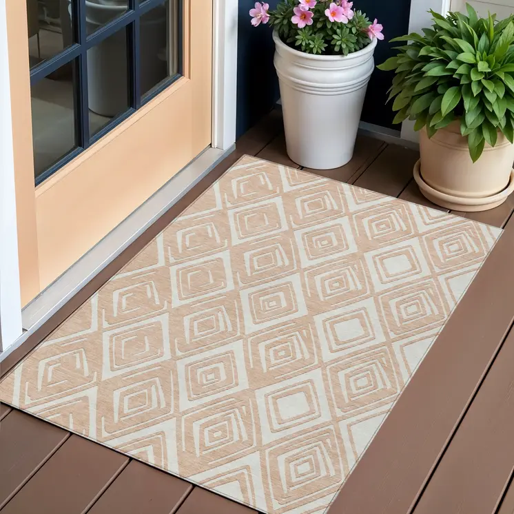 3' X 5' Peach And Ivory Geometric Washable Indoor Outdoor Area Rug