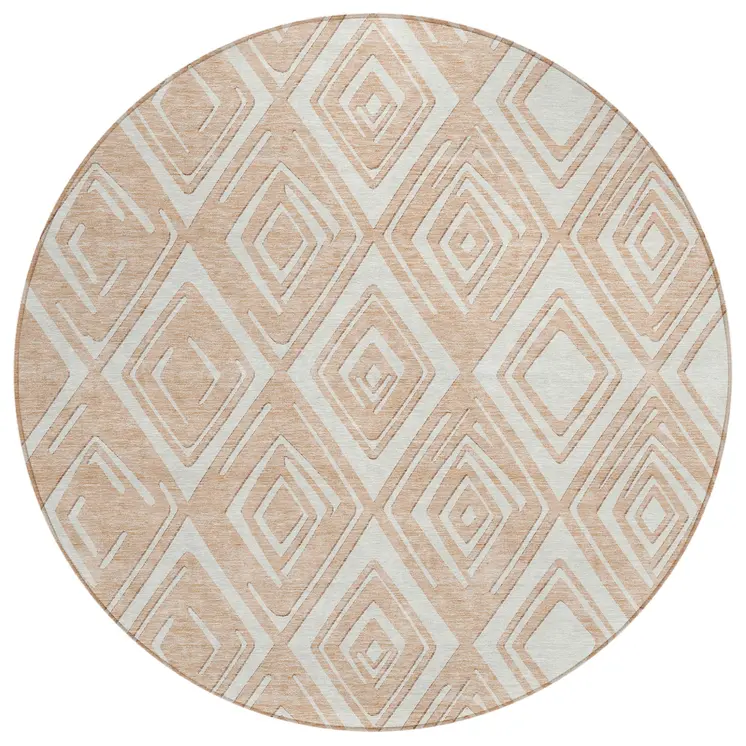 8' Peach And Ivory Round Geometric Washable Indoor Outdoor Area Rug
