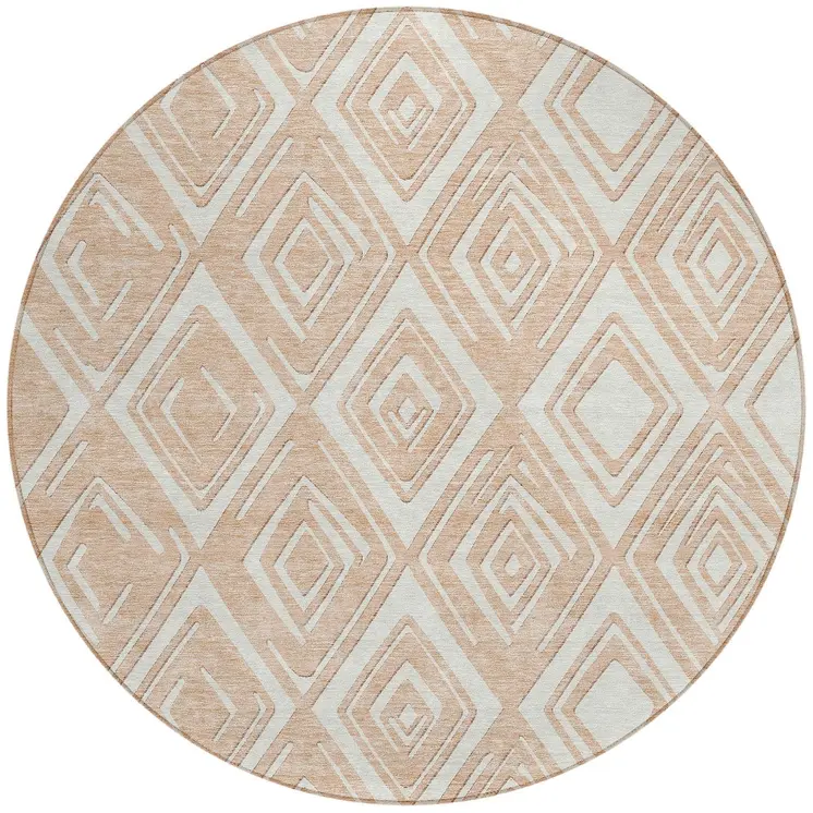 8' Peach And Ivory Round Geometric Washable Indoor Outdoor Area Rug